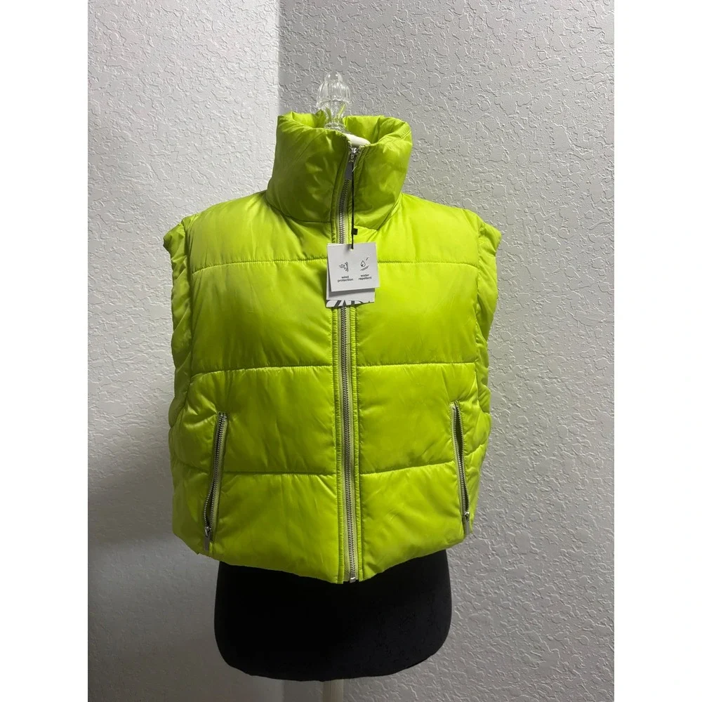 Zara‎ Neon Lime Green Puffer Vest Water Repellent Wind Protection NWT Large